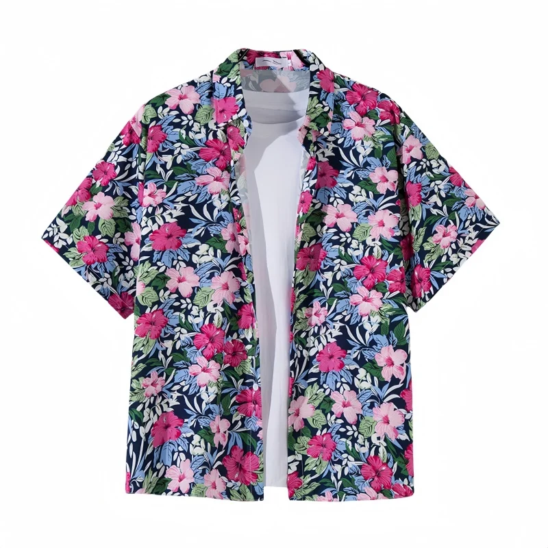 Men's Summer Seaside Vacation Versatile Short Sleeve Floral Shirt Loose Casual Handsome Vintage Hawaiian Beach Print Shirt Coat