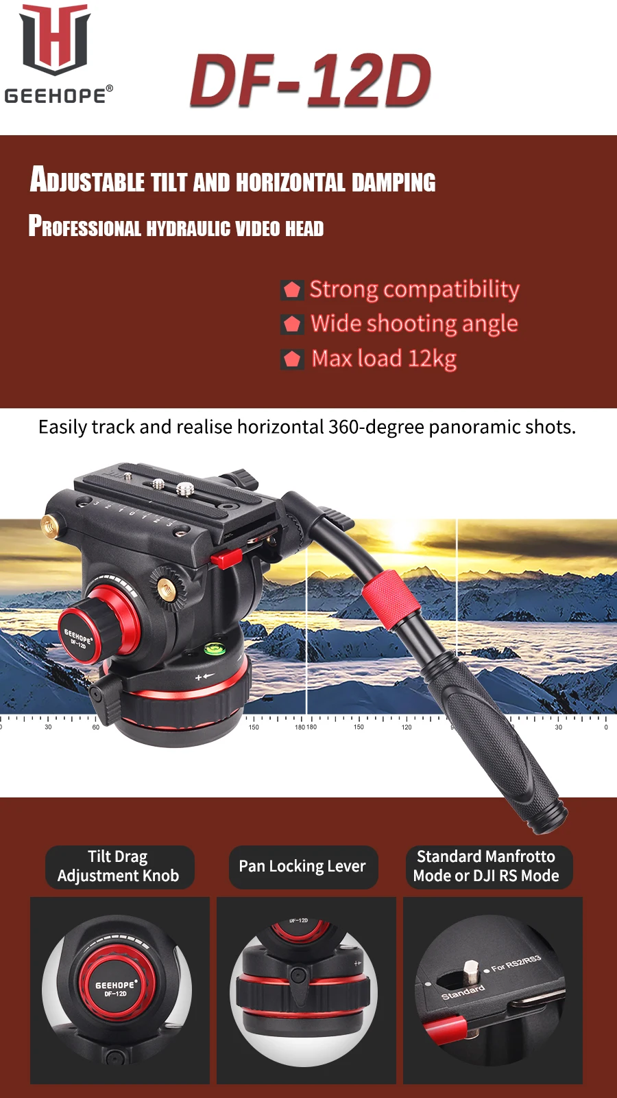 DF-12D Damping Tripod Head Hydraulic Pan Tilt Fluid Head,with Pan Bar Adjustable