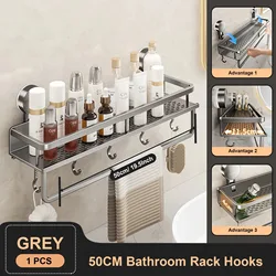 Aluminum Bathroom Shelf Suction Cup Shampoo and Makeup Storage Organizer, No-Drill Wall-Mounted Shower Shelf (Gray 50CM with rod)