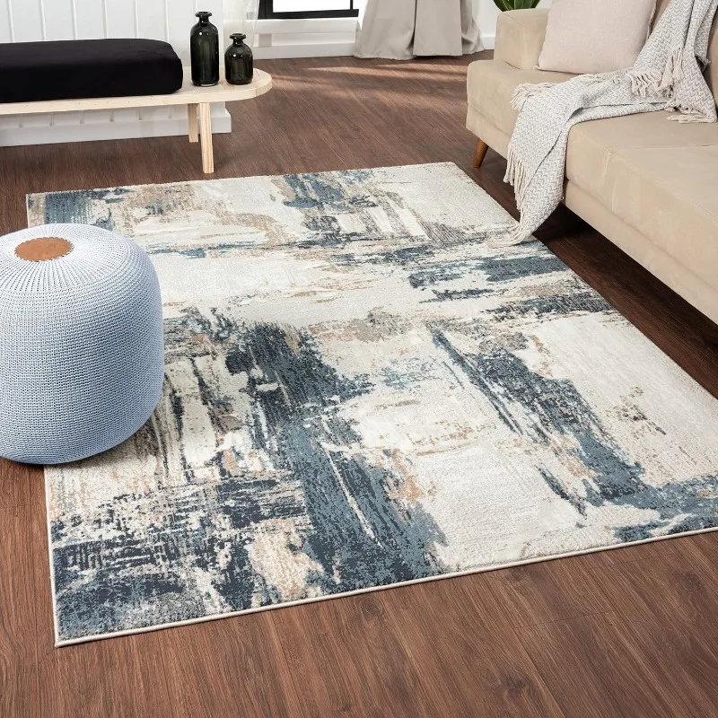 Distressed Abstract Blue Area Rug, Non-Shedding Carpet