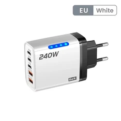 240W GaN Fast Charger with LED Light, 5 - in - 1 Multi - Port Charging Head - White EU Plug