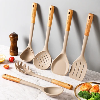Utensile da cucina in silicone Manico in legno Spazzola Mestolo Pasta Colino Resistente al calore Antiaderente Perdite Cucchiaio Pentole Utensile da cucina 1