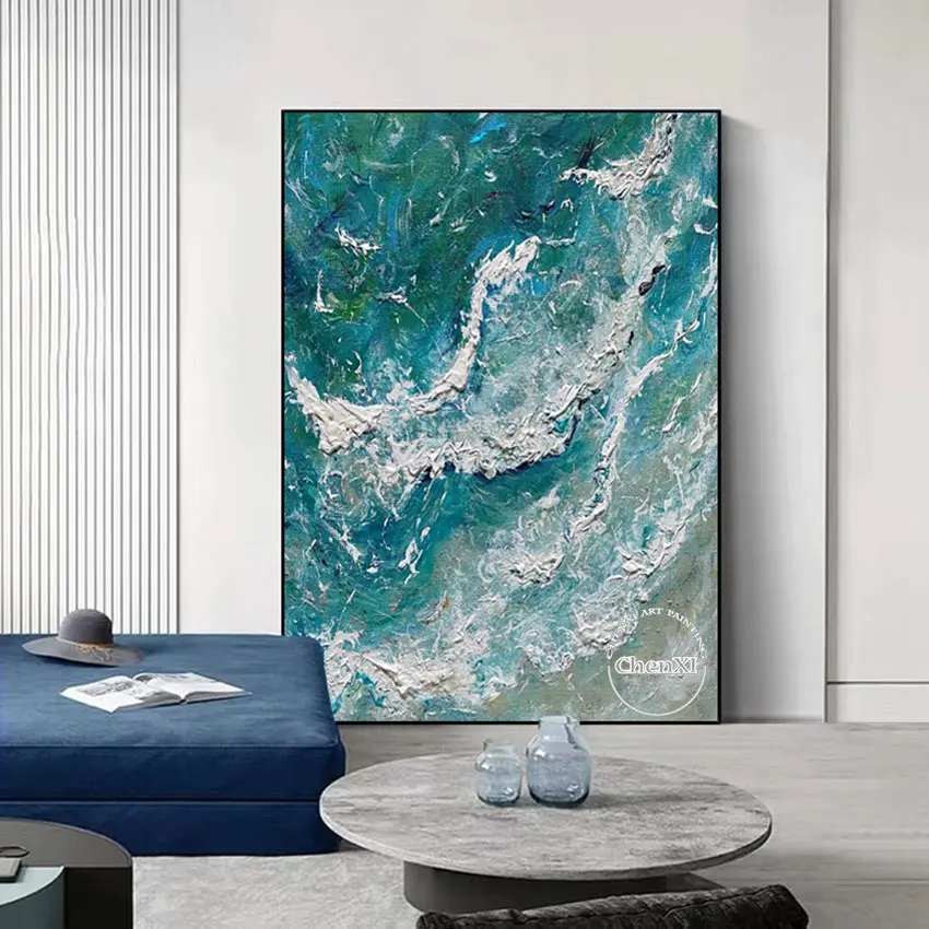 

Purely Hand Painted Abstract Palette Knife Oil Paintings Thick Acrylic Sea Wave Art Unframed Wall Decoration Artwork Item