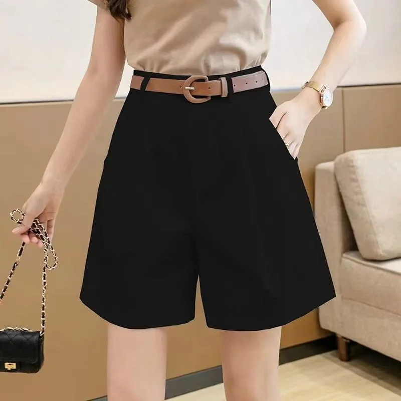 Summer Women's Suit Shorts Casual Loose Wide Leg Pants Pockets Office Shorts Solid Oversized Black Trousers Pantalones with Belt