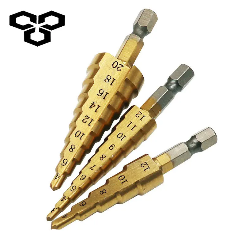 

3pcs 3-12mm 4-12mm 4-20mm Titanium Step Drill Bits HSS 4241 Power Drills Tools сверло ступенчатое ручные инструменты