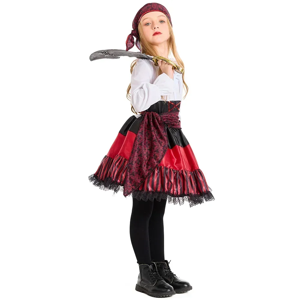 Pirates Girls Costumes Dress for Kids Child Halloween Pirate Cosplay Performance Clothes Carnival Party Navigator Stage Dress Up