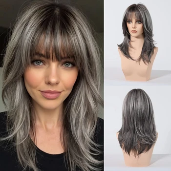 Parrucca sintetica alla moda con capelli ondulati di media lunghezza in stile lungo fino al mento, realizzata con fibre resistenti alle alte temperature.