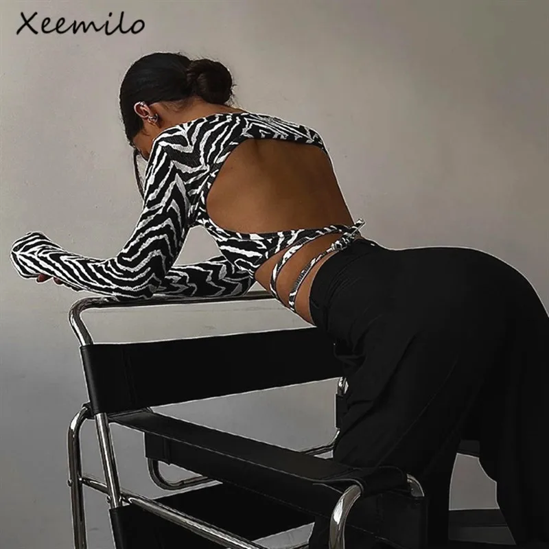 

Xeemilo Round Neck Zebra Stripe Print T Shirt Sexy Long Sleeves Backless Crop Tops Gothic Bandage Casual Basic Women Street Tees