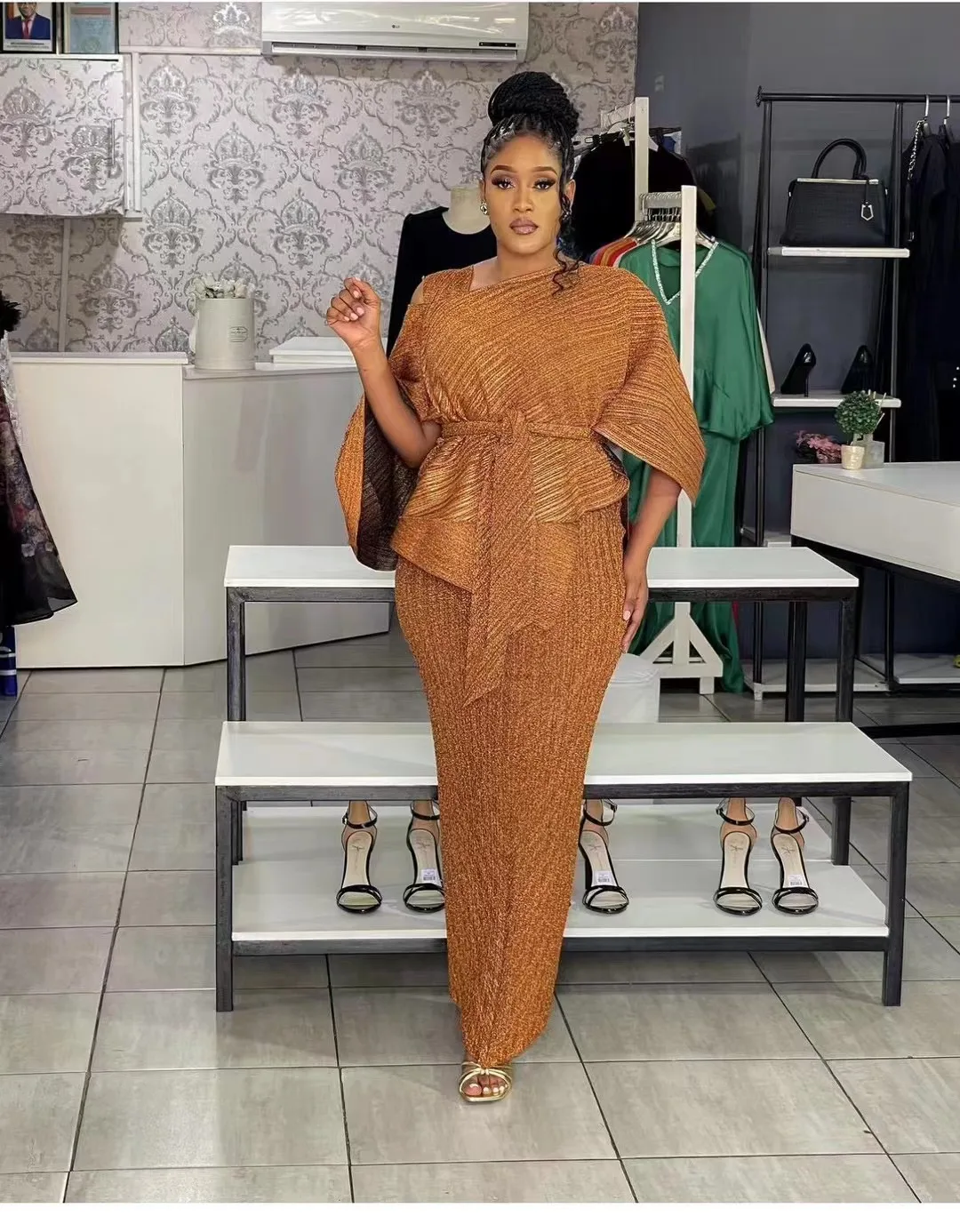 فستان نسائي أنيق مطوي ، حبال ، خصر مرتفع ، جلد ، ط...