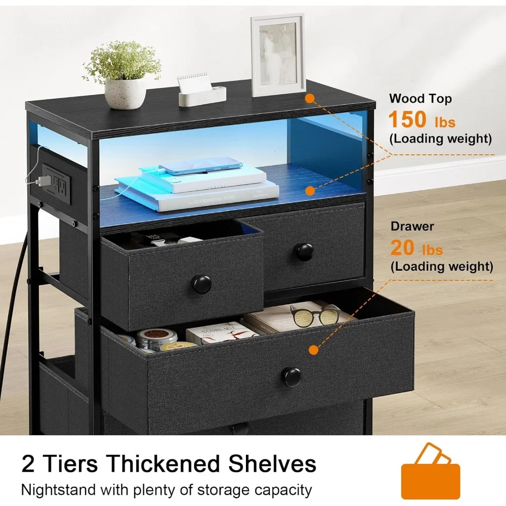 Nightstand with Charging Station, Bedside Table with 4 Drawers and 2-Tier Shelf, Modern End Table with Wooden Top for Bedroom, 6