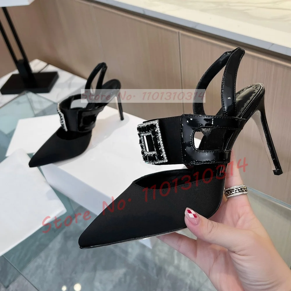 Women Slingback Sandals Black-white Plaid Luxury Pointy Stiletto High Heels Satin Shoes Summer Buckle Evening Sandals