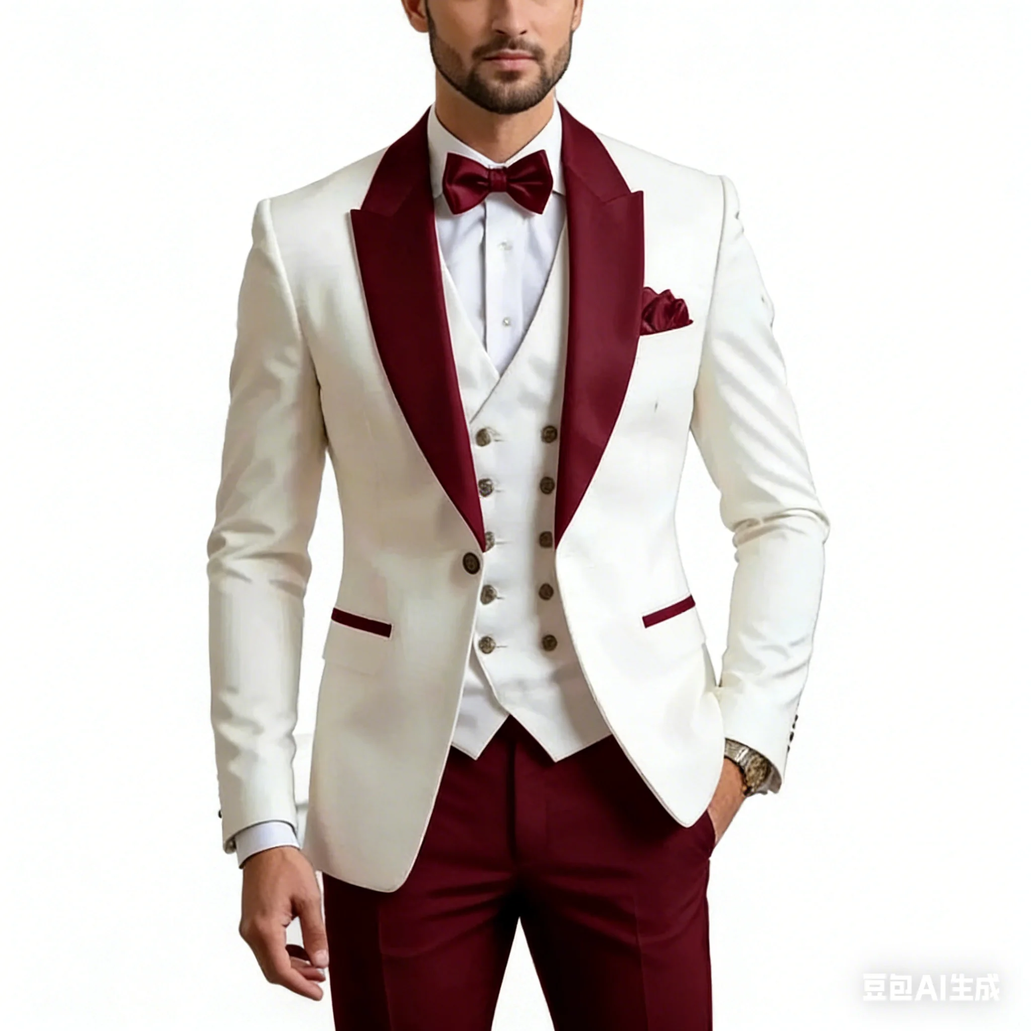 White And Burgundy Business Tuxedos Formal Occasion Groom Groomsman Wedding Party Prom Suit Male 3 Piece Set Blazer+Vest+ Pants