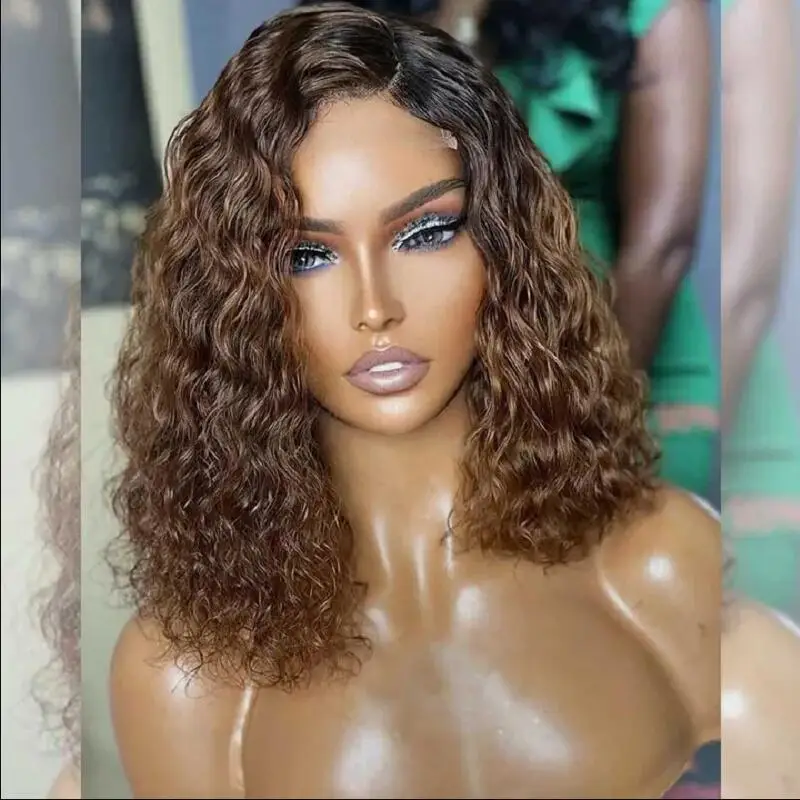 

Soft 180Density 16" Short Bob Ombre Brown Kinky Curly Lace Front Wig For Black Women BabyHair Glueless Preplucked Heat Resistant