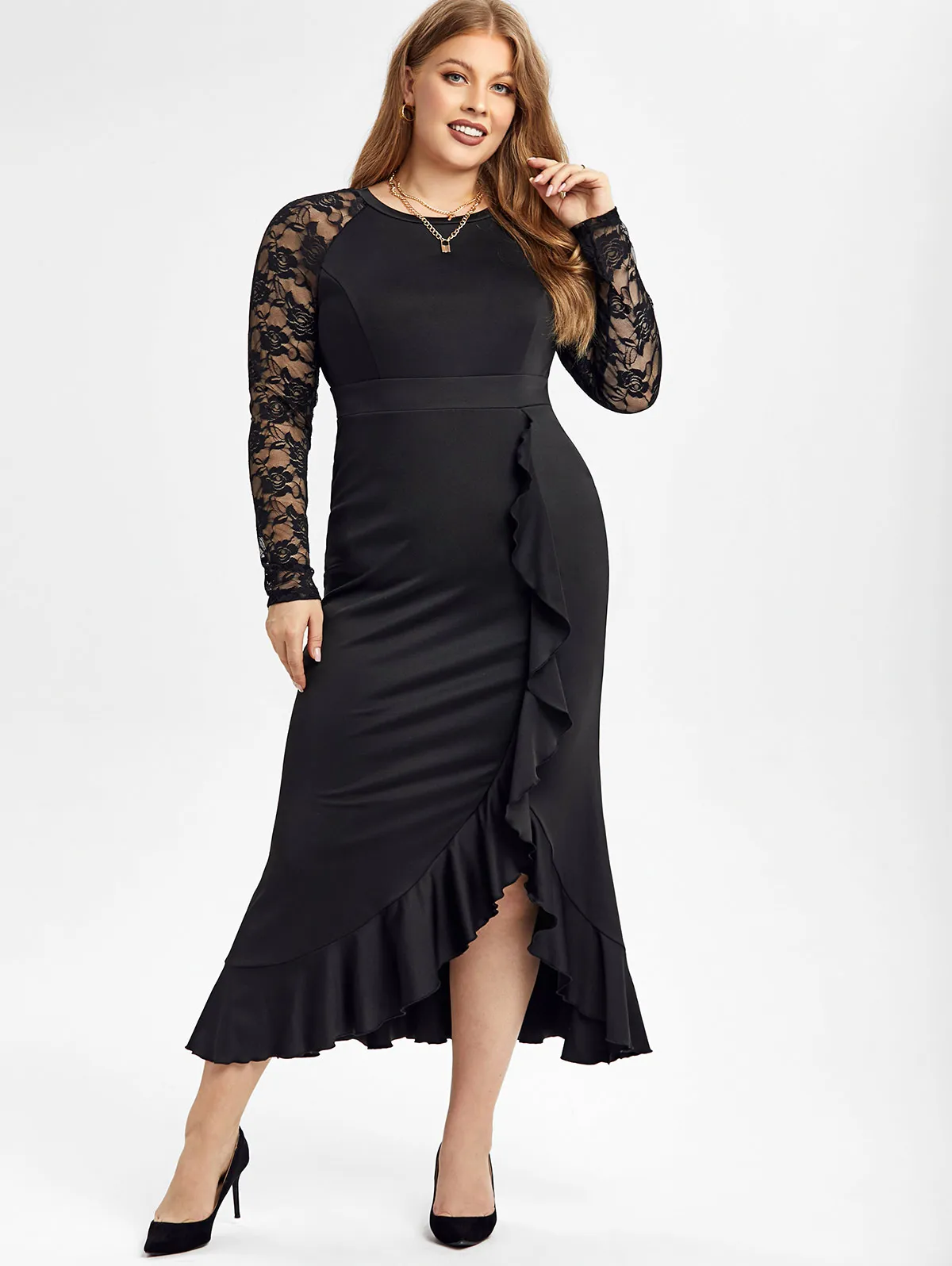 ROSEGAL Elegant Ankle Length Dresses Plus Size Lace Raglan Sleeves Slit Party Dress With Flounce