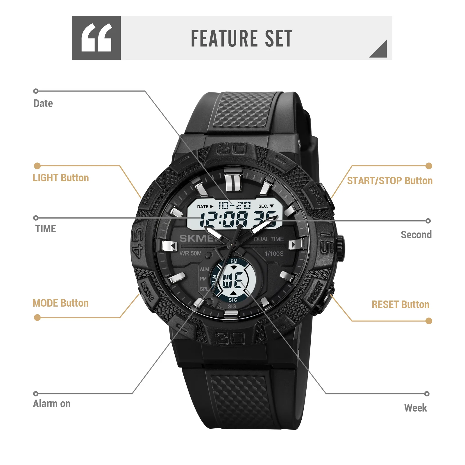 SKMEI1881 Mens Casual Stopwatch Clendar Clock 50M Waterproof Wristwatches reloj hombre Multifunctional LED Light Digital Sport 5