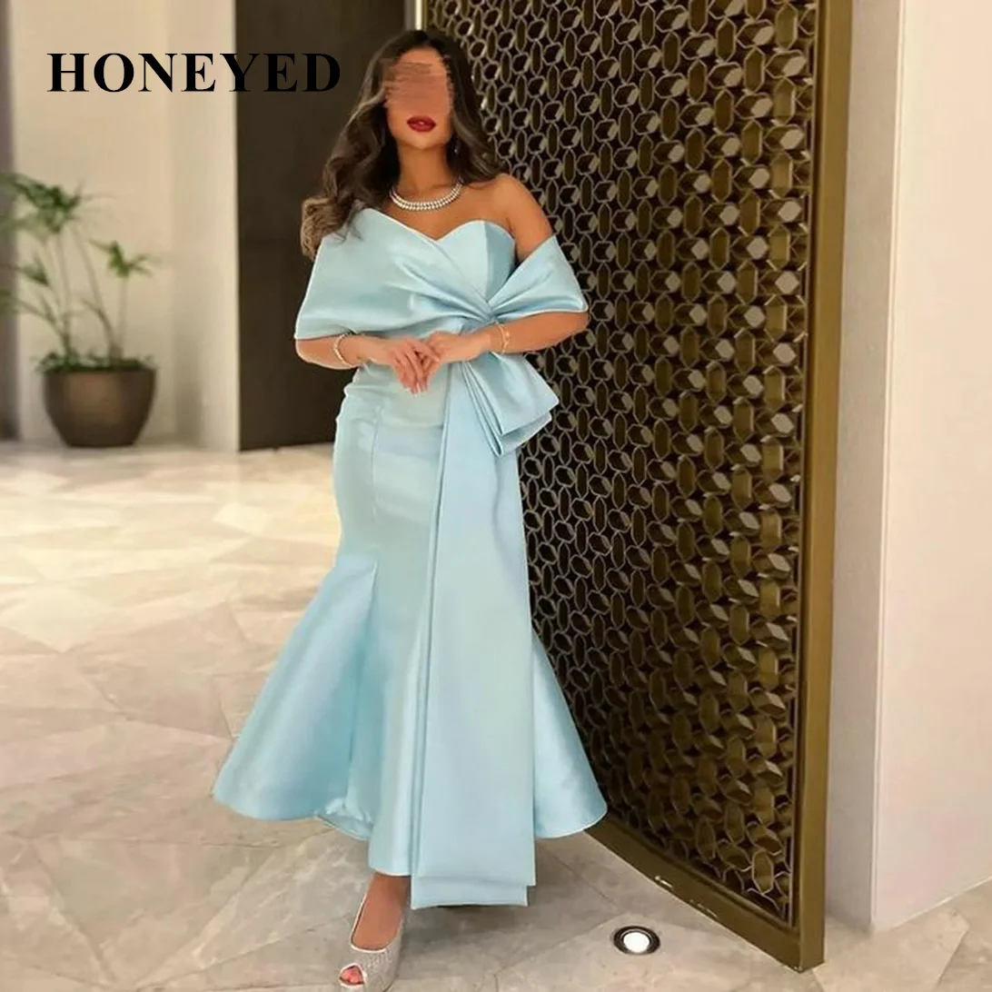 

Honeyed Pleat Sky Blue Evening Dress With Shawl Strapless Ankle Length Prom Gowns Arabia Dubai Party Vestido de festa 2023