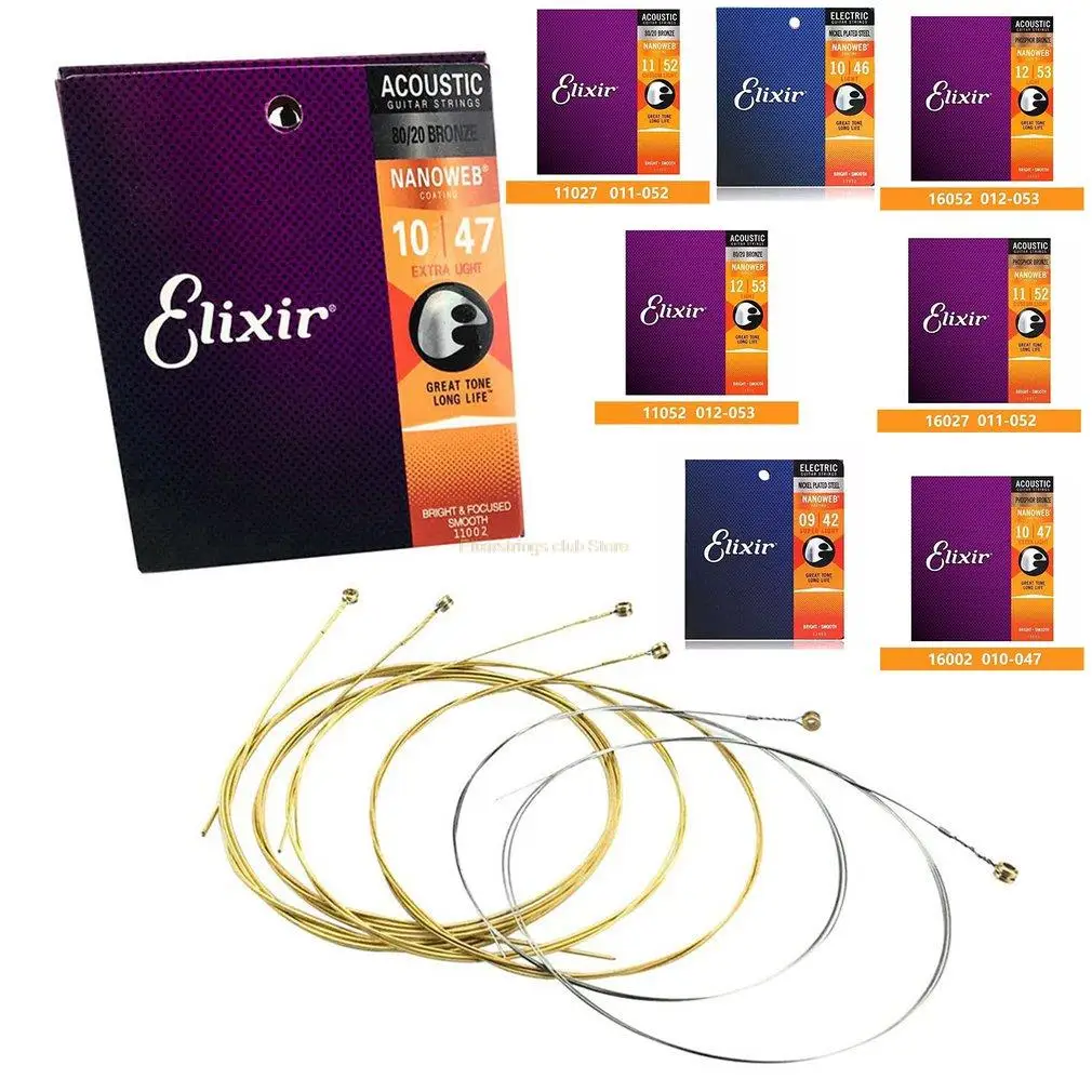 Elixir – cordes pour guitare acoustique, pour jeu électrique, musique populaire, Rock 80/20 Bronze Nickel 11002 16052 16027 11-52, accessoire de guitare