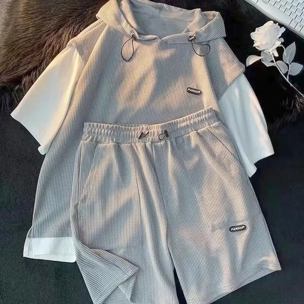 Fake Two Pieces Outfit Men's Casual Sport Outfit Set with Hooded Drawstring Top Elastic Waist Shorts Waffle Texture for Active