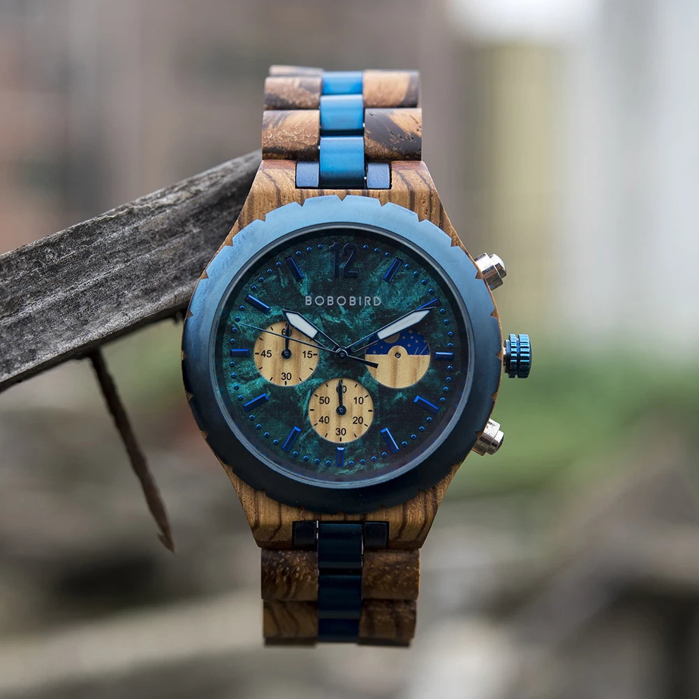 BOBO BIRD Wooden Watch Men Military Quartz Watches Luxury Stylish Wood Timepieces Chronograph Personalized Engraved Gift Box 2
