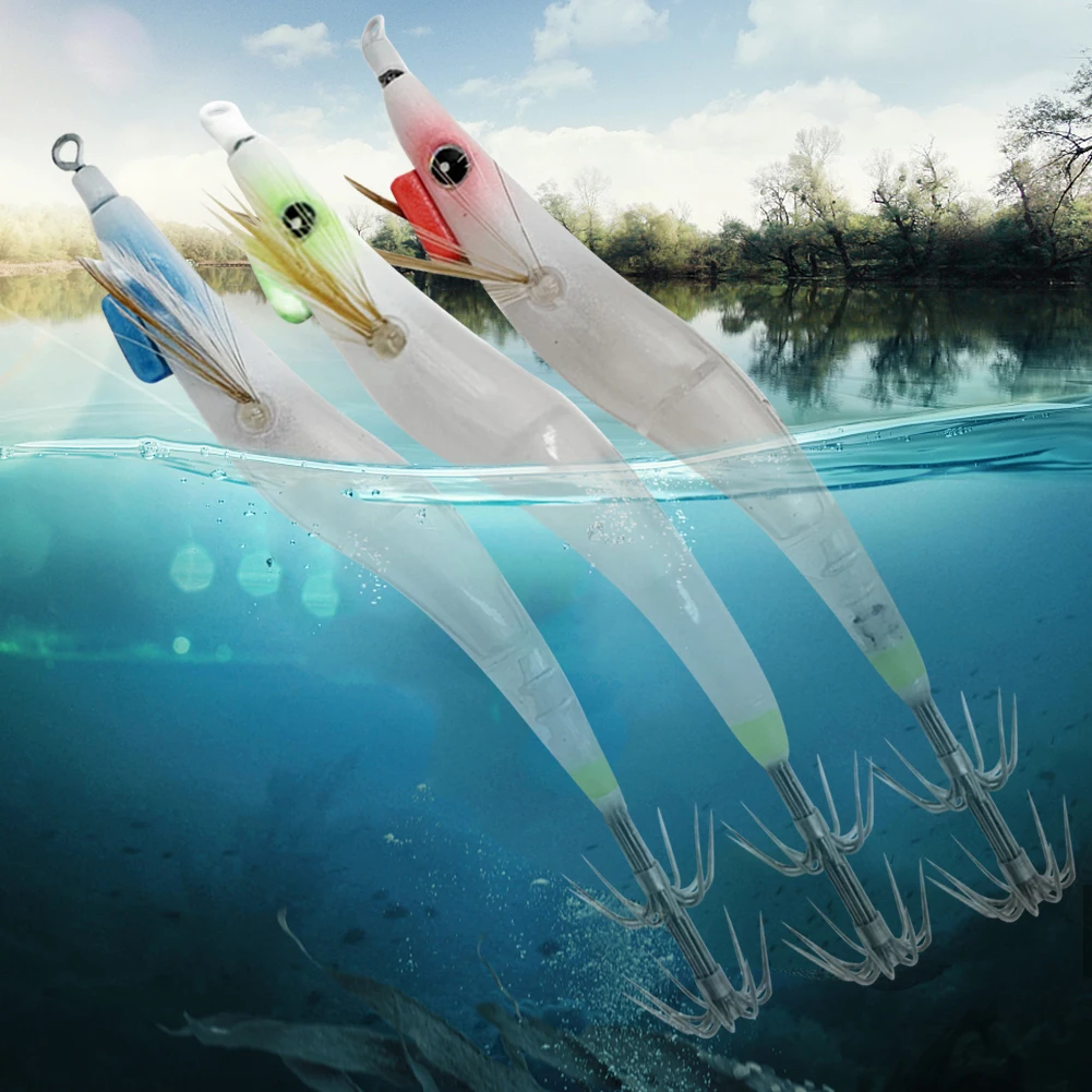 Fishing Lure Luminous Hard Shrimp Bait Simulation with Squid Jig Hook UV Wood Egi for Octopus Cuttlefish