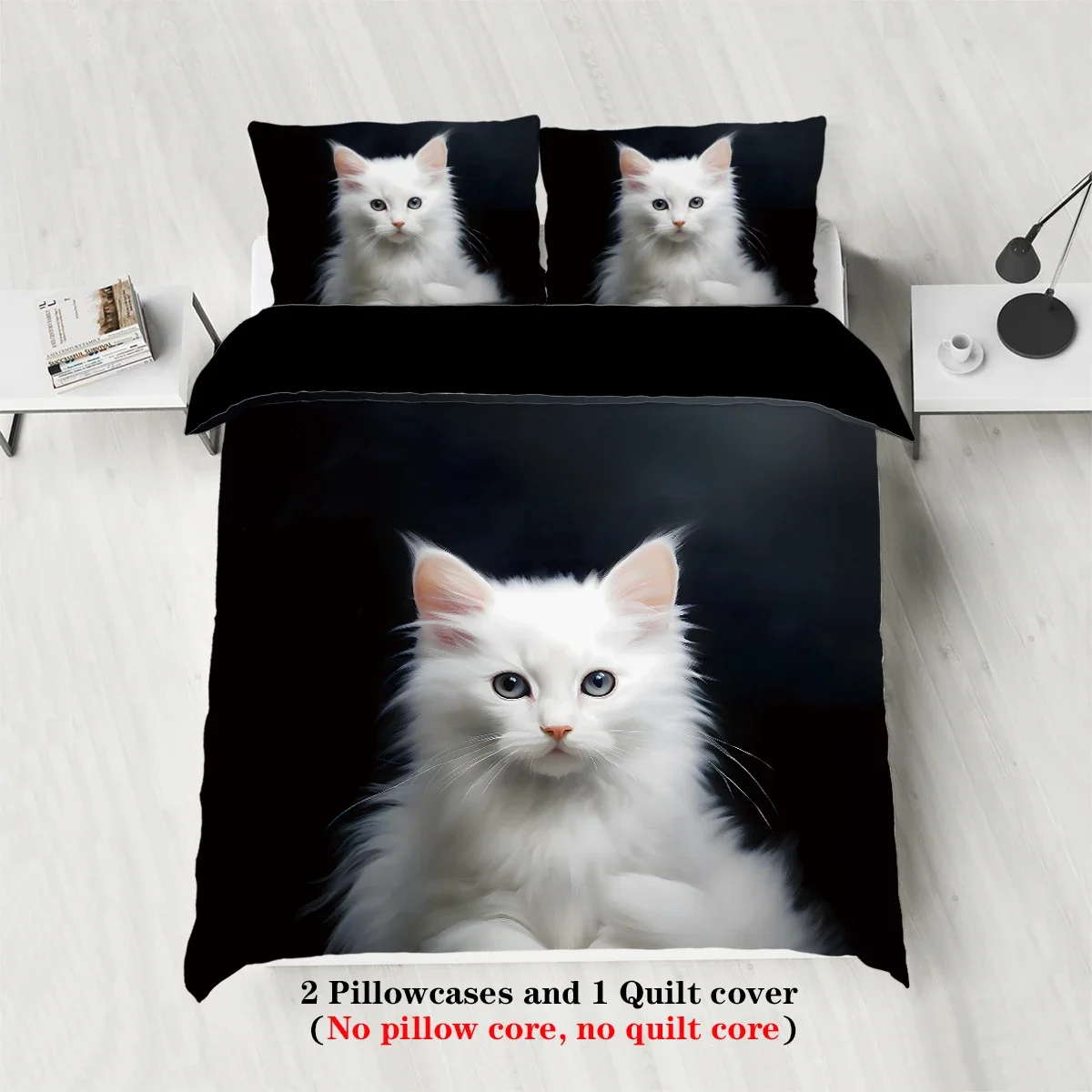 3-piece set of cute white cat pattern print (1 duvet cover+2 pillowcases, no core) comfortable bedding set