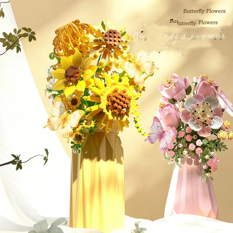 MOC 꽃 꽃다발 빌딩 블록 도시 로맨틱 홈 데스크탑 장식 친구들 브릭 교육용 장난감 모델 소녀 DIY 선물
