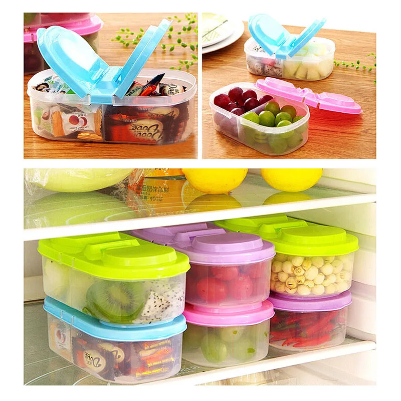 Healthy Plastic Food Container Double Compartments Lids Portable Lunch Box Capacity Camping Picnic Food Refrigerator Storage Box 4