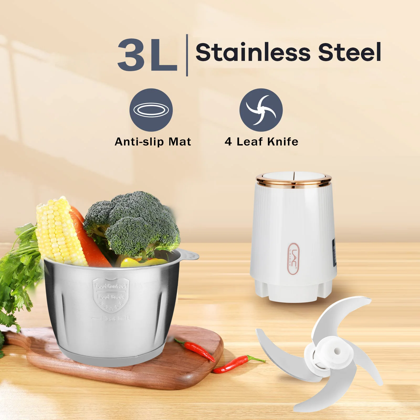 LAC Household  Kitchen White 3L Mixer Commercial Electric Meat Beater Multi-function Grinder Detachable Blade With Safety Lock 3