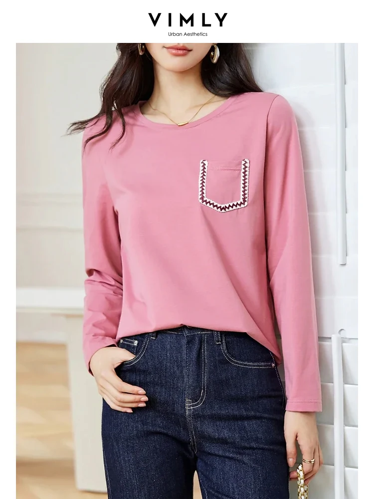 

Vimly Cotton Long Sleeve Top T-shirt for Women 2023 Autumn Simple Loose T Shirts Casual Round Neck Tshirts Woman Clothing M2613