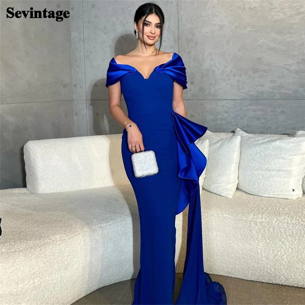 

Sevintage Vintage Royal Blue Prom Dresses Mermaid V-Neck Off The Shoulder Floor Length Party Gowns vestidos de graduación 2024