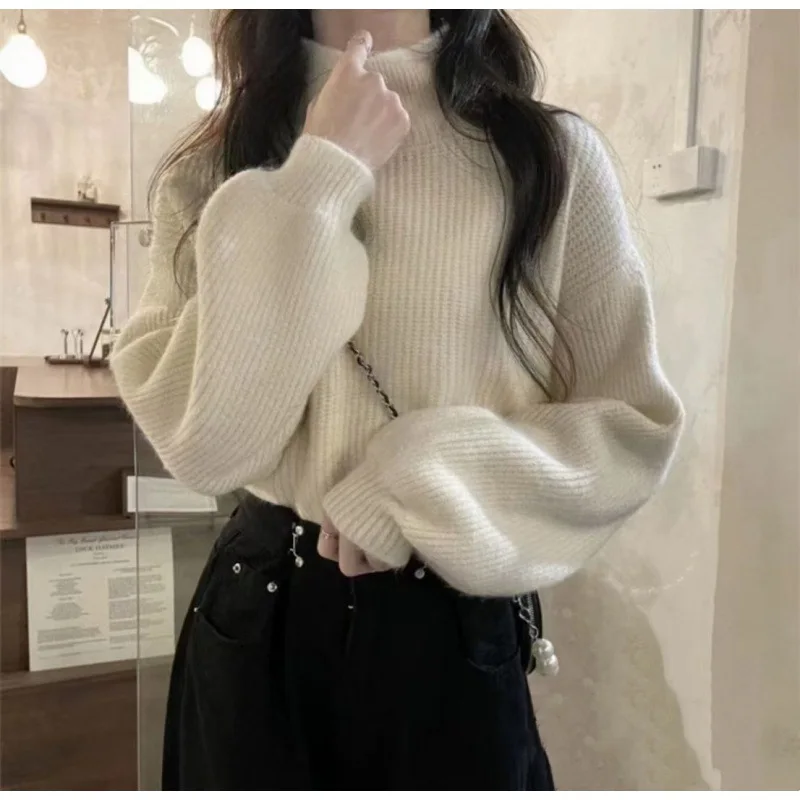 

Turtleneck Soft Warm Sweater Solid Lantern Sleeve Basic Sweater Pullover Casual Sweater For Women 2023 Autumn Winter