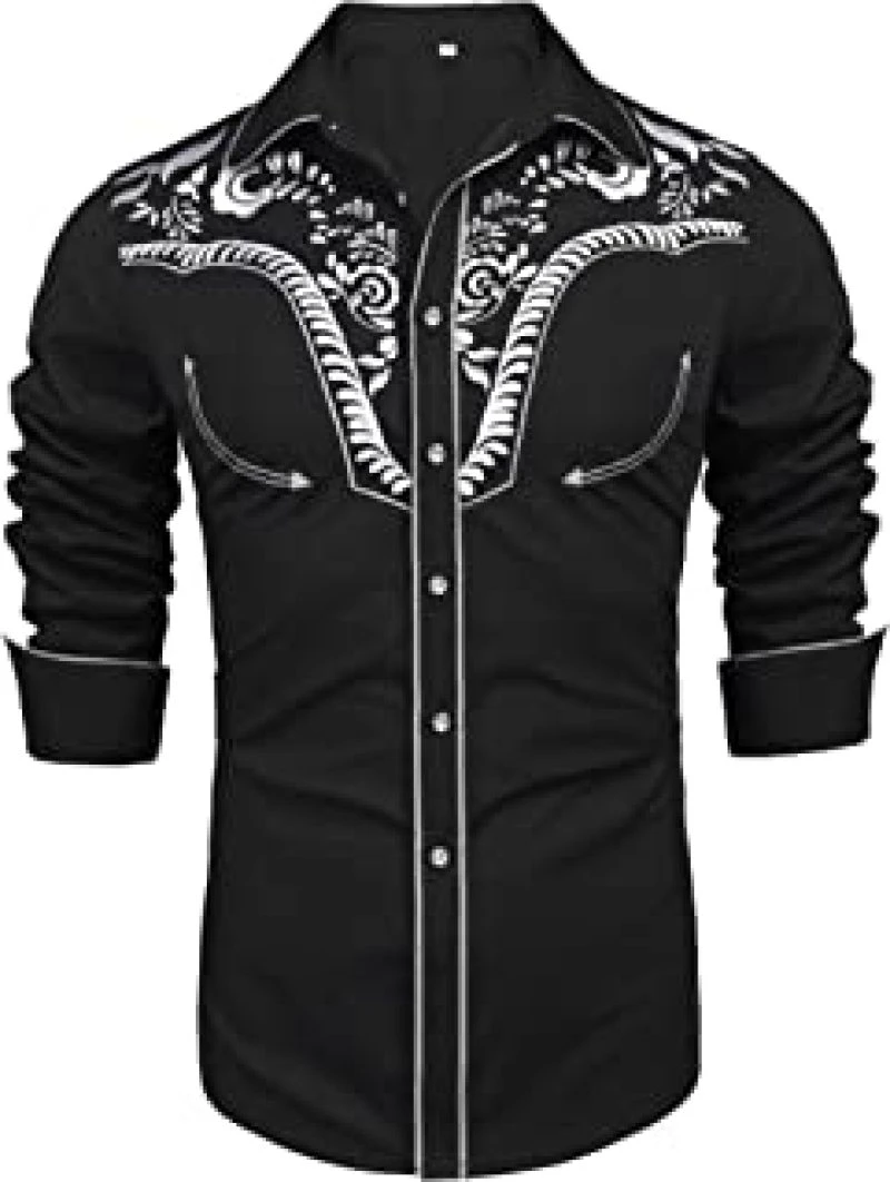 Camisas vaqueras occidentales para hombre, camisa bordada de manga larga, ajustada, con botones, color blanco y negro, primavera y otoño| | - AliExpress