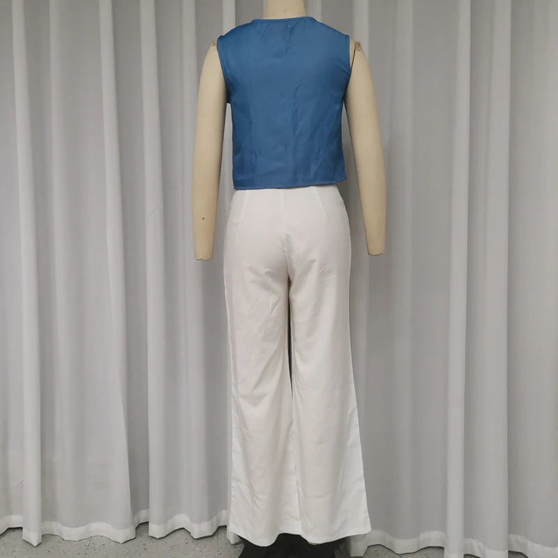 Wefads 2 Piece Set Women Summer Fashion Solid Crew Neck Sleeveless With Button Pullover Top Loose Wide Legs Pants Set Streetwear