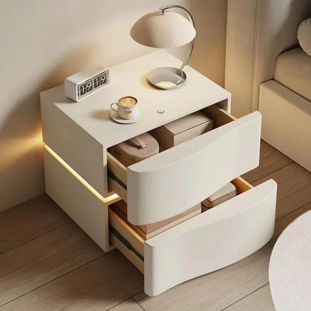 Nightstand with LED Light, Leather Night Stand with Drawer, Solid Wood Bedside Table, 2 Drawers Nightstands Bedroom 4