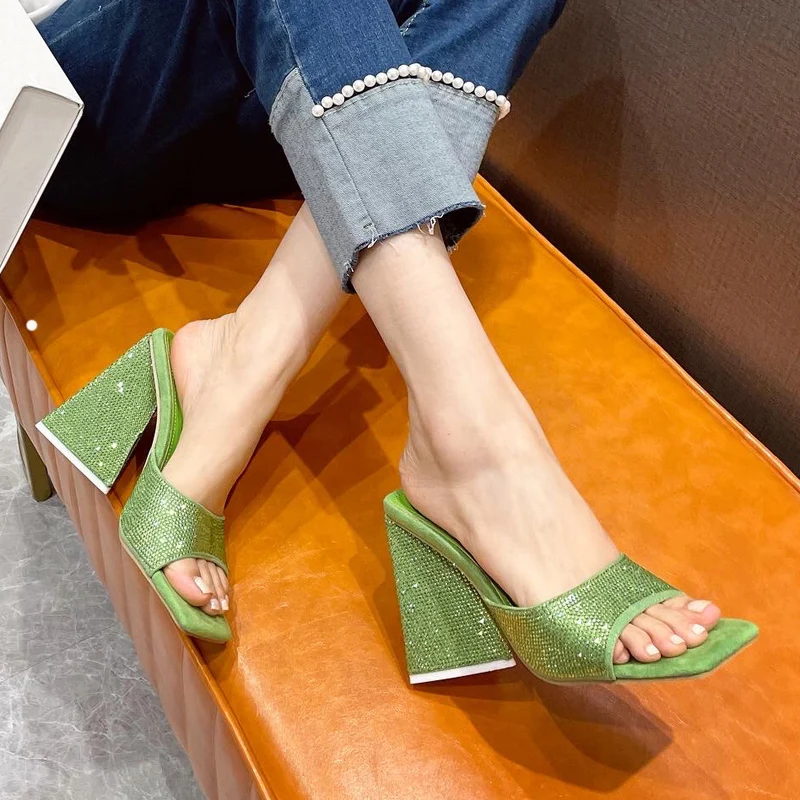 Sumnmer Womens Rhinestones Slipper Chunky Heels Slipper  Evening Sandals Shoes