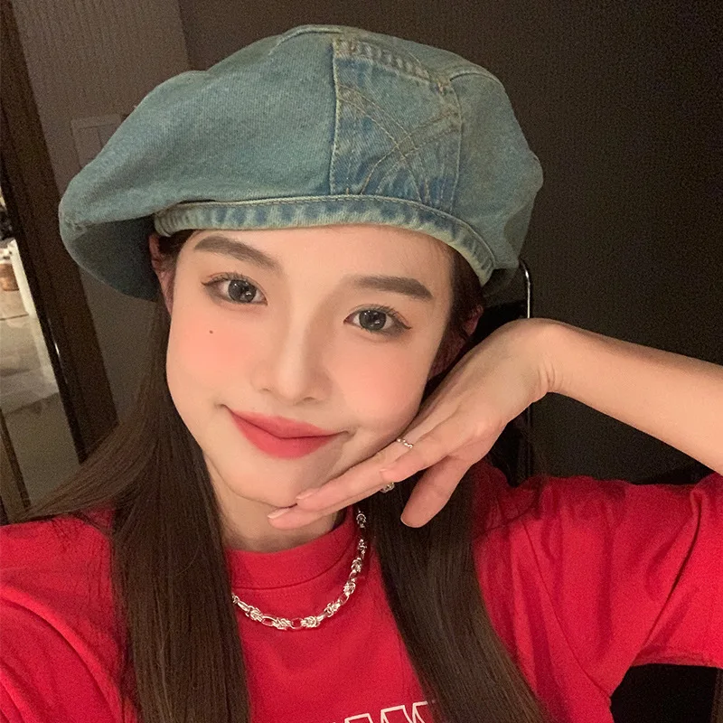 

2023 Korean Denim Beret Women Spring Summer Washed Retro Painter Hat Versatile Big Head Circumference Octagonal Cap Gorros