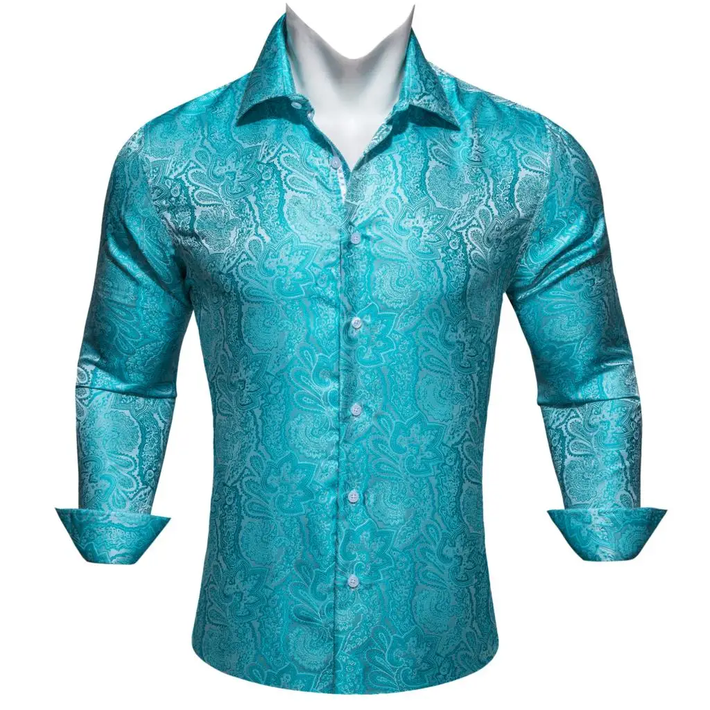 Luxury Shirts for Men Silk Blue Paisley Long Sleeve Slim Fit Male Blouses Casual Breathable Tops Turn Down Collar Barry Wang