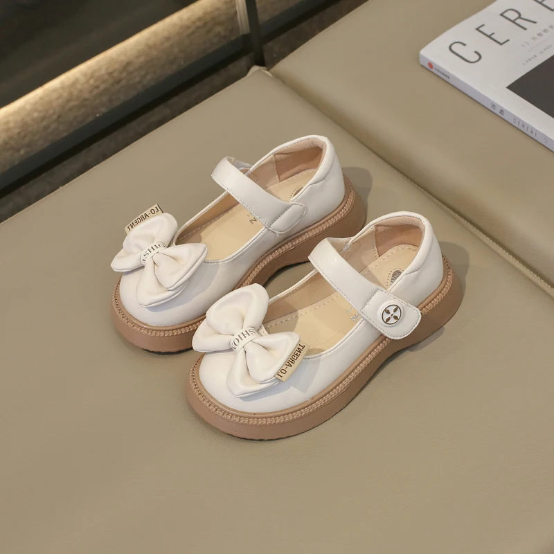 Kids Leather Shoes for Girls Round-toe Bow Hook & Loop Spring and Summer Thick Bottom Soft Princess Shoes Simple Non-slip