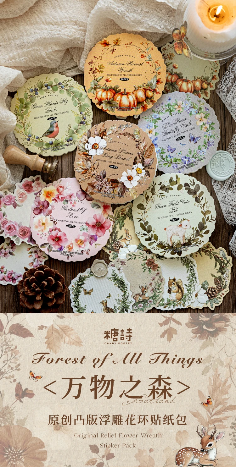 JIANQI 10-teiliges Vintage-Blumenkranz-Aufkleberpaket, dekoratives Scrapbooking-Tagebuch, Album, handgefertigtes Junk-Tagebuch-Zubehör – Detail 2
