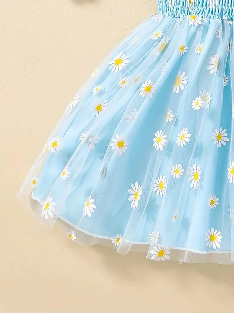 Girls Dress Infant Toddler Cartoon Daisy Pattern Shirred Casual Mesh Cami Summer