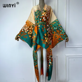 WINYI Summer Beach Wear Cover Up Lady Boho Cardigan printing elegant Silky and skin-friendly sexy Holiday Kimono maxi dress 1