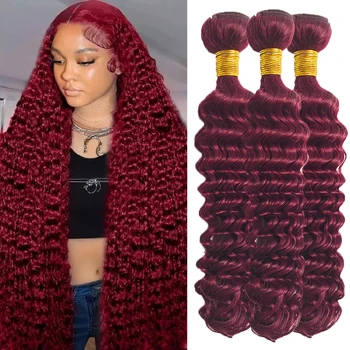 Extensioni di Capelli Ricci Birmani 99J, Ciocche di Capelli Umani Bordeaux, Extension di Capelli Umani Rossi, Onda Profonda, 1/3/4 Ciocche