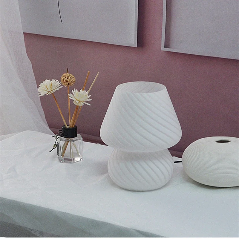 Glass LED Desk Lamp Bedroom Bedside Korean Ins Style Striped Mushroom Table Lamp Decor Cute Glass Translucent Bedside table lamp