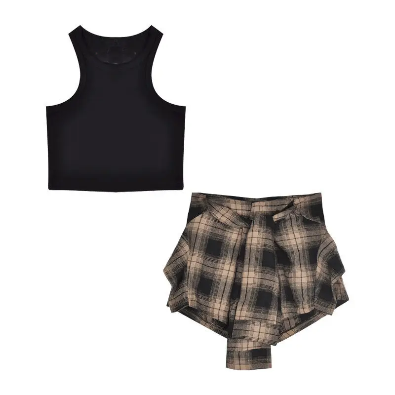 Women’s Suit Summer Spice Girls Crop Tops New Slim Slim Undershirt Tops Sexy Irregular Plaid Shorts Skirt Skirt Pants Two-piece