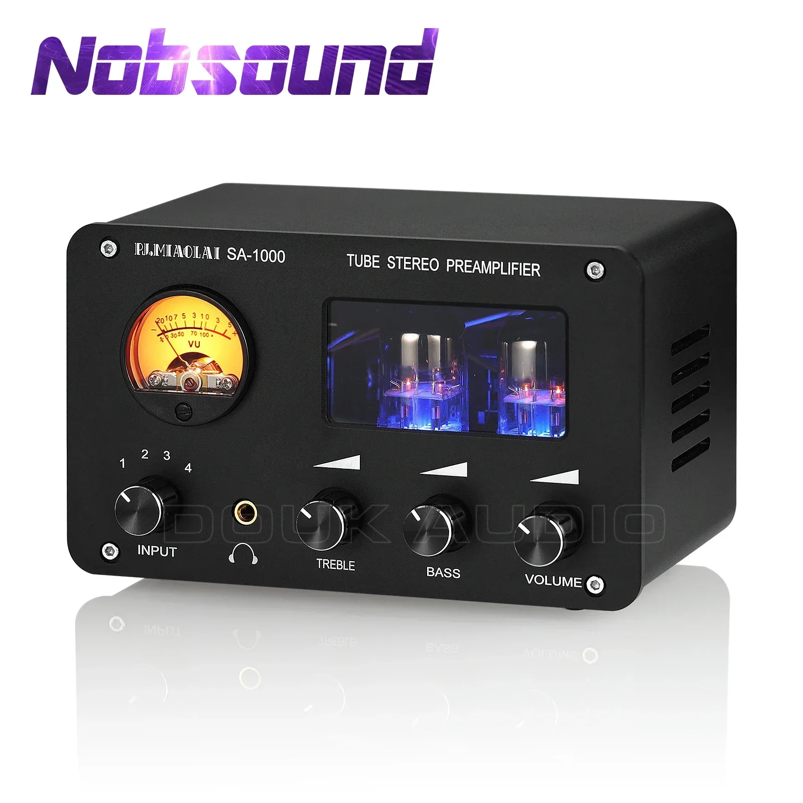 Nobsound HiFi Vacuum Tube Preamp Stereo 4-Way Audio Switcher Desktop Headphone Amplifier w/VU Meter Treble&Bass Control