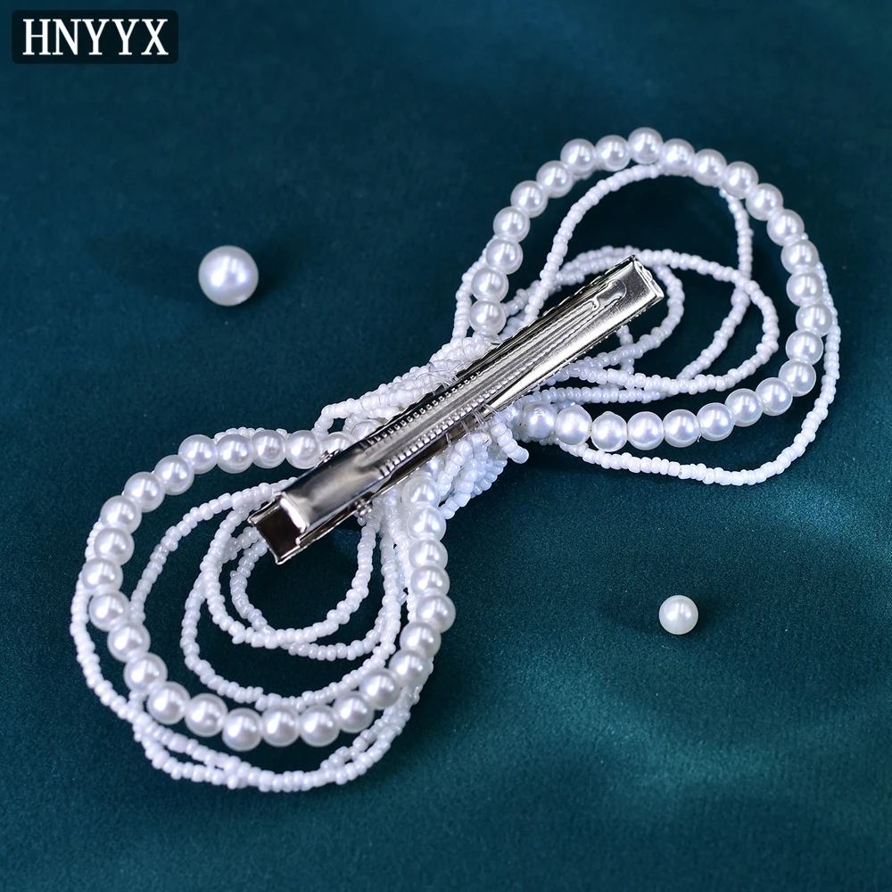 HNYYX White Crystal Bow Hair Clip Pearl Hairpin Elegant Party Headdress Fashion Headwear Wedding Hair Jewelry for Women A93
