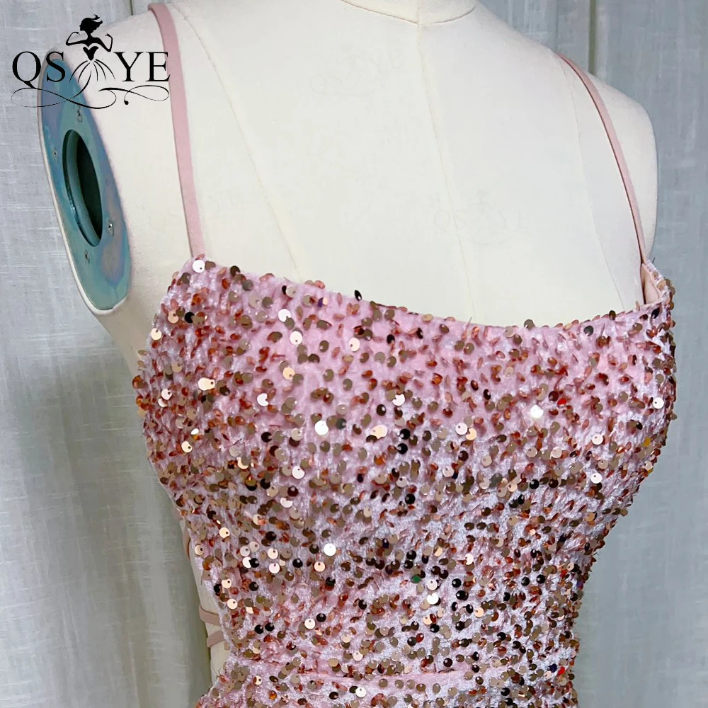Pink Long Bridesmaid Dress Sqaure Neck Spaghetti Straps Prom Gown Halter Stretch Sequined Velvet Open Split Women Dress Backless
