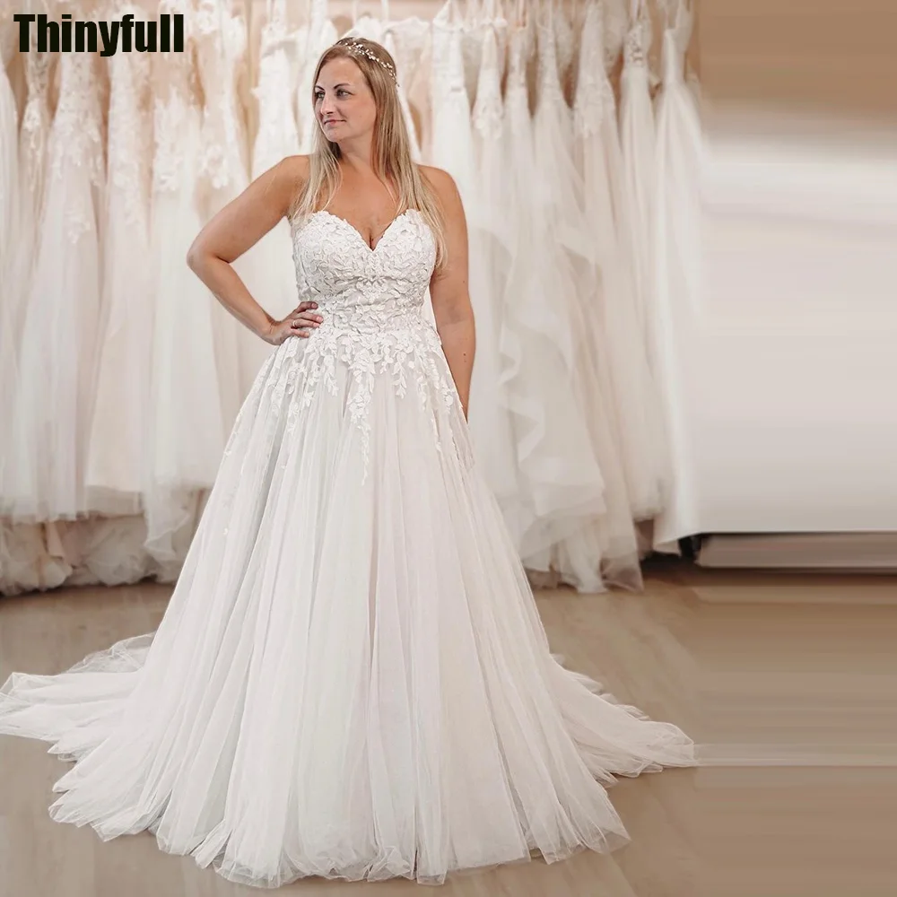 

Thinyfull A-line Wedding Dresses Sweetheart Sleeveless Bride Gown Appliques Long Tulle Lace Up Bridal Dress Vestido De Novia