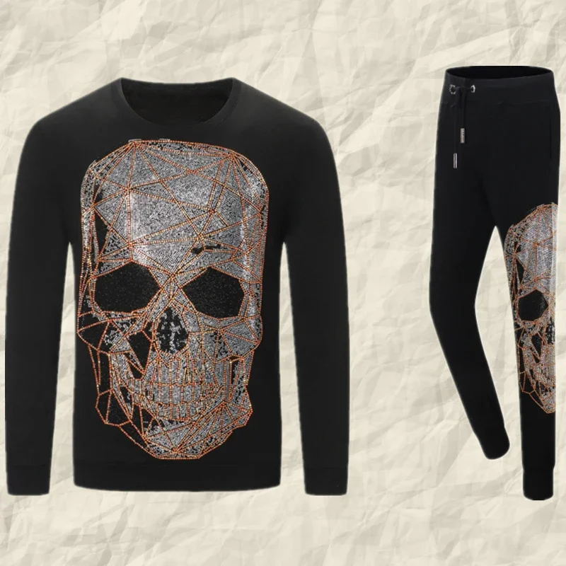 

Men's Hoodie Set Autumn Winter High Luxury Fashion Skulls Pattern Rhinestone Pullovers Pants Two Piece Set High Quality Clothing