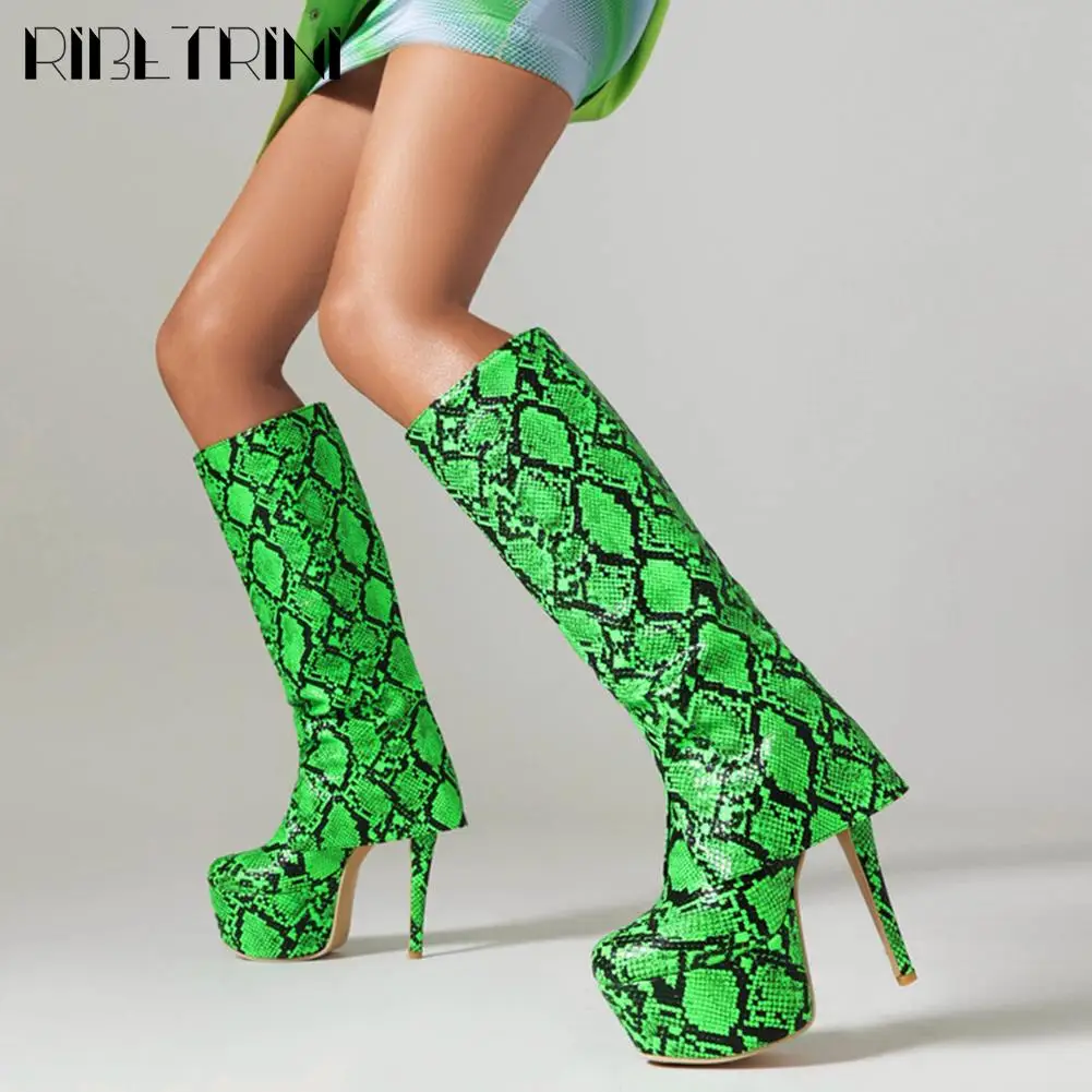 

Stiletto High Heel Platform Mid Calf Chelsea Boots Women Fold Over Snake Print Design Quality Sexy Party Nightclub Lady Shoes